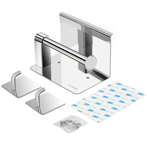 Self Adhesive Toilet Paper Holder with Phone Shelf Stainless Steel | Wall Mounted, Rustproof, 3M Adhesive, Includes 2 Hooks, No Drilling Required - color: Shiny