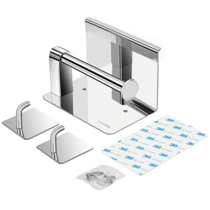 Self Adhesive Toilet Paper Holder with Phone Shelf Stainless Steel | Wall Mounted, Rustproof, 3M Adhesive, Includes 2 Hooks, No Drilling Required - color: Shiny