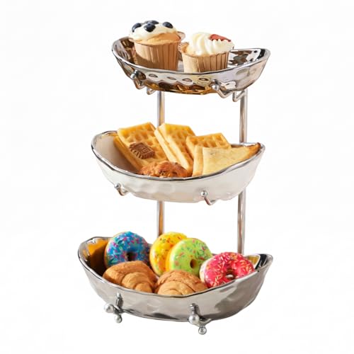 YYW 3 Tier Fruit Bowl for Kitchen Counter, White Gold Silver Ceramic Fruit Stand for Countertop, Home Fruit Rack with Metal Holder, Vegetable Snacks Nuts Bread Candy Storage (Silver) - color: Silver