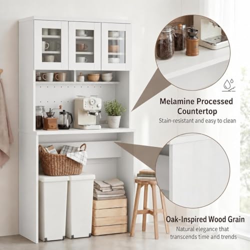 Garvee 71.5" Kitchen Cabinet with Trash Can Storage, Kitchen Trash Can Cabinet with Microwave Stand, 35.4" Wide Kitchen Pantry with Garbage Storage for Dining Room - color: White