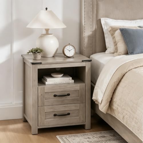 Farmhouse Night Stand, Rustic Sierra Nightstand for Bedroom, End Tables with Charging Station, Bedside Table with Drawers, Wood Bedside Cabinet Dresser - color: Sierra, size: 1pcs with Charging