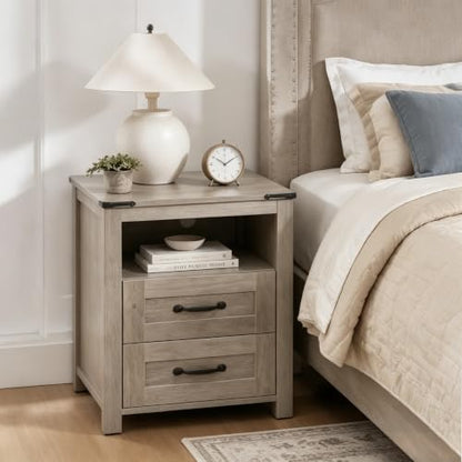 Farmhouse Night Stand, Rustic Sierra Nightstand for Bedroom, End Tables with Charging Station, Bedside Table with Drawers, Wood Bedside Cabinet Dresser - color: Sierra, size: 1pcs with Charging