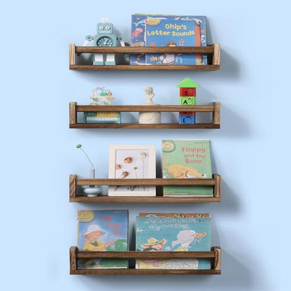 Nursery Room Shelves Set of 4, Wood Floating Book Shelves for Kids Room, Baby Book Shelf for Nursery, Kitchen Spice Rack (Carbonized) - color: Carbonized
