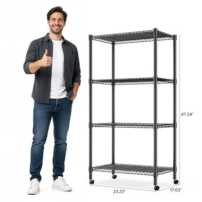 Simple Deluxe 4-Tier Heavy Duty Adjustable Storage Shelf with Wheels, 23.23”W x 17.63”D x 47.24”H, Wide Mobile Metal Shelving Unit, Easy Assembly for Living Room, Office,Black - size: 4-Tier, 23.23”W x 17.63”D x 47.24”H, style: 1 Pack