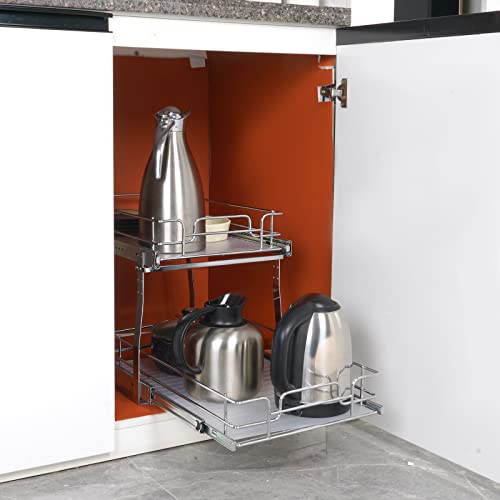 VEVOR Pull Out Cabinet Organizer, 14" Wx21.2 Dx15.2 H Heavy 2 Tier Duty Slide Out Pantry Shelves, Chrome-Plated Steel Roll Out Drawer for Under Sink, 15.5" Wx22.5 Dx19 H Install Size for Cabinet - size: 14"Wx21.2"Dx15.2"H