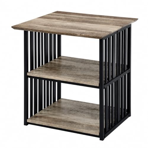 Elountik Industrial Nightstand with Metal Frame and Antique Oak Finish, 22 Inch Wide Bedside Table with Two Open Shelves for Bedroom Storage