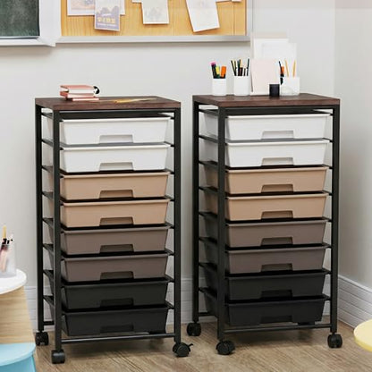 Rolling Cart with 8 Drawers, Storage Drawers Cart with Wooden Tabletop and Lockable Wheels, Craft Storage for Living Room, Office, Classroom, Craft Room, Bedroom (Brown) - color: Brown