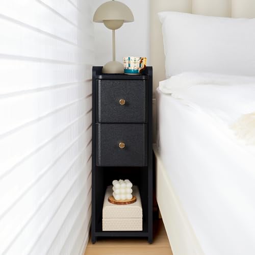 Narrow End Table Bedroom, Wooden Small 2 Drawer Nightstand, Thin Couch Side End Table, Skinny Bedside Table Small Spaces, Mid Century Modern Night Stand with Drawers (Black-1 pc) - color: Black-1 Pc