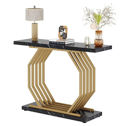 Tribesigns Gold Console Table, Faux Marble Entryway Table Narrow Sofa Table with Geometric Metal Base, 40 Inch Modern Accent Table Entrance Table for Living Room, Hallway, Foyer, Black - color: Black