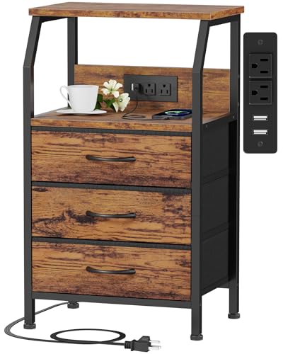 Furnulem Night Stand with Charging Station, USB Ports and Outlets, 28.3 Inch Tall Bedside Table with Wood Shelf, 3 Fabric Drawers Side Table for Bedroom, 3 Ways to Use, Rustic Brown - color: Rustic Brown, size: 3 Drawer