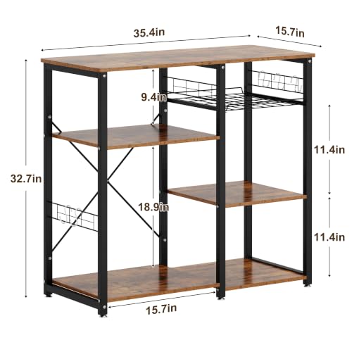 soges 3-Tier Kitchen Baker's Rack, Compact Microwave Stand, Rustic Brown | Space-saving for Apartments, Kitchen, Pantry, Living Room, Sliding Storage Basket, 5 Hooks, Sturdy X-Frame, Easy Assembly - color: Rustic Brown