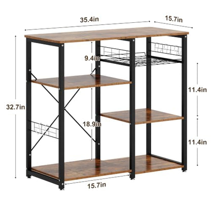 soges 3-Tier Kitchen Baker's Rack, Compact Microwave Stand, Rustic Brown | Space-saving for Apartments, Kitchen, Pantry, Living Room, Sliding Storage Basket, 5 Hooks, Sturdy X-Frame, Easy Assembly - color: Rustic Brown