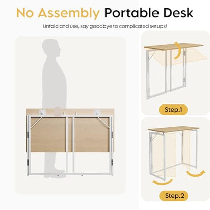 alawooder 31.5" Folding Desk: No Assembly, Wood Top for Small Spaces | Home office desk, holds 150 lbs, folds flat to 2.3 in, splash-proof wood top, sturdy metal frame - color: Beige, size: 31.5"W x 15.7"D