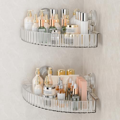 Shower Caddy Suction Cup Corner Bathroom Shower Organizer for Bathroom Storage & Home Decor Kitchen No Drilling Large Capacity Removable and Reusable Shower Shelves for Inside Shower (corner,Clear) - color: Clear, size: Corner
