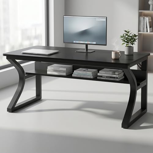 47'' Computer Desk Home Office Desk with Storage Shelf, Writing Study Desk for Small Space Sturdy Metal Frame Work Desk for Bedroom Home Office (Carbon Fiber Black, 47inch) - color: Carbon Fiber Black, size: 47inch