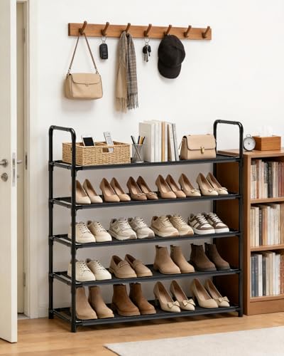 Large Capacity Shoe Rack, 5-Tier Shoe Organizer for Closet, Entryway, Hallway, Holds 20-25 Pairs, Sturdy & Durable Waterproof Fabric Shelf, Space-Saving,Black(35.8" Wide) - size: 5-Black-35.8"