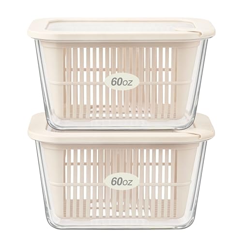 Urban Green Glass Food Storage Containers with Glass Lids, Microwave Safe Food Container Set, Aitight Meal Prep Container Set, BPA Free, 2 extra Colanders, LeakProof, 2 Pack of 60oz - color: Ivory White- 2RT