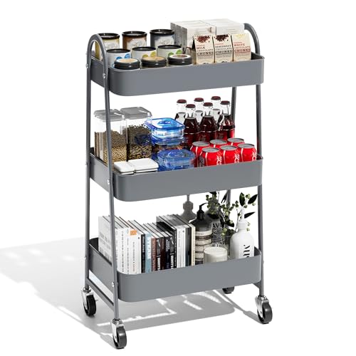 Simple Deluxe 3 Tier Small Rolling Cart, Metal Utility Storage Organizer for Kitchen, 16.9”(L) x 12.2”(W) x 30.9”(H), Movable Bathroom Organizers and Storage Trolley with Wheels, Grey - color: Grey