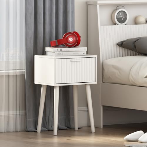 LAATOOREE Nightstands Set of 2, Small Side Table, Bedside Table with Fluted Door, Solid Wood Feet; Modern Mid-Century End Table for Bedroom, Small Space (White) - color: White, style: Fluted Style