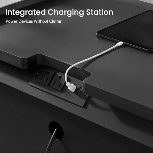 Black Nightstand with Charging Station, 24" H, 3-Drawer Storage | USB-C, USB-A and 2 AC outlets power daily devices; raised-edge top helps create a cleaner modern bedside setup at night. - color: Black, size: 1-Pack, style: 3 Drawers