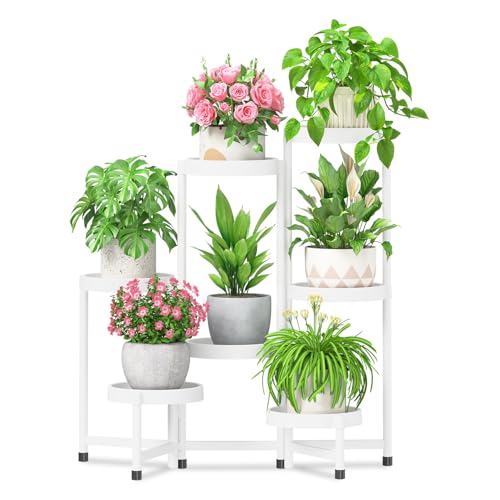 iDavosic.ly 7 Tier Folding Plant Stand Indoor Outdoor with Plastic Tray, Tiered Corner Flower Holder Shelf, Metal Orchid Display Rack for Patio Porch Living Room Garden Balcony, White - color: White, size: 7 Tiers