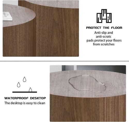 Round Coffee Table Set of 2, Nesting Coffee Table and End Table Set Wood Small Circle Drum Side Table for Living Room Office, No Assembly,Walnut - color: Walnut