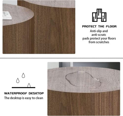 Round Coffee Table Set of 2, Nesting Coffee Table and End Table Set Wood Small Circle Drum Side Table for Living Room Office, No Assembly,Walnut - color: Walnut
