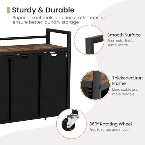 SwaaVee Laundry Sorter, Laundry Hamper 3 Section, 3×11.4Gal, Metal Frame Rolling Laundry Basket with Wooden Top Shelf, Pull out and Removable Laundry Bags, 3 Bags-Black - color: Black