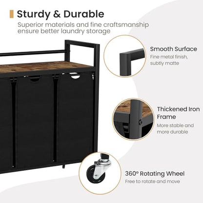 SwaaVee Laundry Sorter, Laundry Hamper 3 Section, 3×11.4Gal, Metal Frame Rolling Laundry Basket with Wooden Top Shelf, Pull out and Removable Laundry Bags, 3 Bags-Black - color: Black