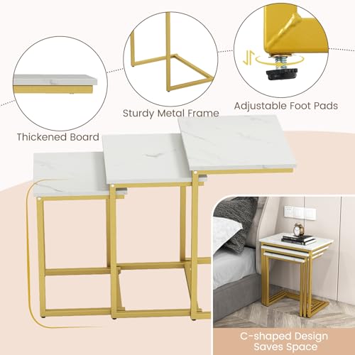 Tangkula Nesting Table Set of 3, Rectangle Stacking Side End Table with Wood Top & Metal Legs, Adjustable Foot Pads, C-shaped Accent Coffee Tables for Small Spaces, Living Room (C-shaped, White, 3-pc) - color: White