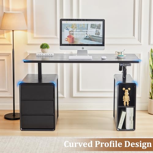 Electric Standing Desk with Drawers, 55" Office Desk Height Adjustable Executive Desk with Storage Shelves, Simple Setup Wood Desk Home Office Stand up Desk for Work, Study, Writing, Black - color: Black