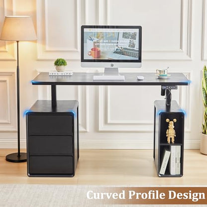 Electric Standing Desk with Drawers, 55" Office Desk Height Adjustable Executive Desk with Storage Shelves, Simple Setup Wood Desk Home Office Stand up Desk for Work, Study, Writing, Black - color: Black