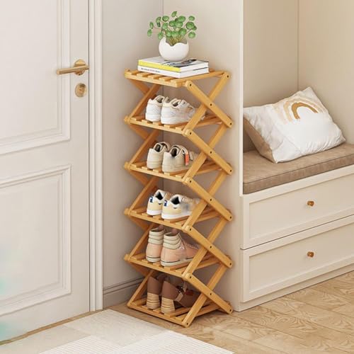Shoe Racks, Bamboo Foldable Shoes Organizer Free Standing Shelf | Natural Wood Color, Multifunctional Shoe Rack, Suitable For Entryway, Closet, Bedroom, Hallway([Wood Color] 6 Layers) - color: [Wood Color]6 Layers