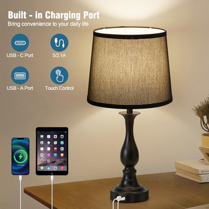 Bedside Table Lamp Touch Control Bedroom Lamps with USB A + C Charging Port 3 Way Dimmable Touch Lamps for Nightstand Living Room Bedroom Dorm Home Office Reading, Set of 2 (Black Shade & Black Base) - color: Black Shade & Black Base