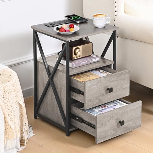 Livofloral End Table Set of 2 with LED Light, Night Stand with Wireless Charger, Side Table with Storage, Grey End Tables with USB and Outlets, Bedside Table with Wood Drawers for Bedroom, Living Room - color: Grey, size: 2 Pack with Wireless Charging
