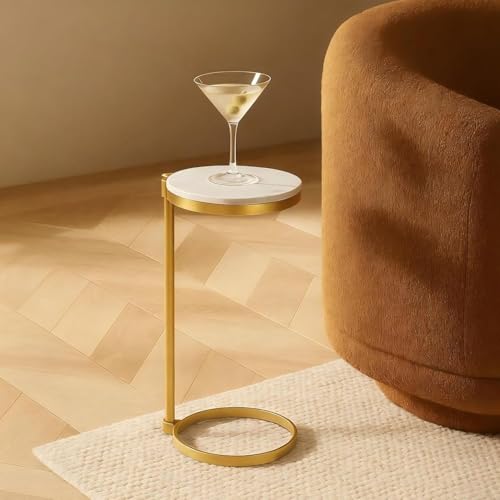 TEHOME Gold Marble Drink Table Metal Martini Round Small Drink Side Table for Couch Marble C Shaped End Table for Sofa 10" diam,24.55" h - color: Gold With Marble Top