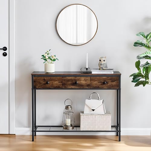 FAVOOSTY Entryway Table, 39.8" Console Table with 3 Fabric Drawers Narrow Console Table with 2-Tier Storage Shelves,Display Shelf for Living Room, Hallway, Entrance, Foyer, Office Rustic Brown