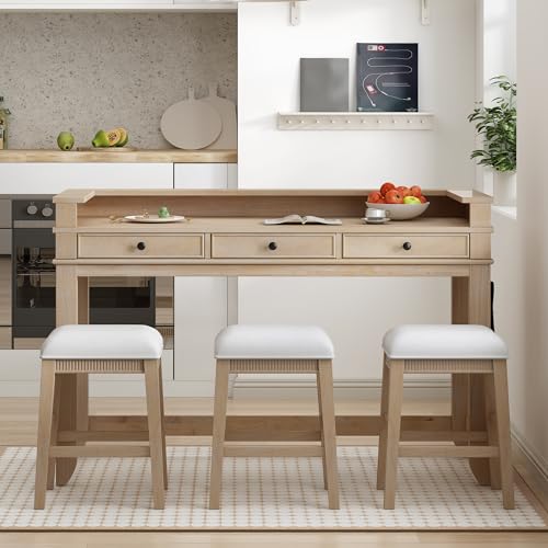 4-piece Dining Bar Table Set with 3 Upholstered Stools, Rubber Wood Counter Height Multifunctional Dining Table with 3 Drawers and USB Port, Side Table with Footrest Pub Kitchen Set (Natural-N2) - color: Natural-n2