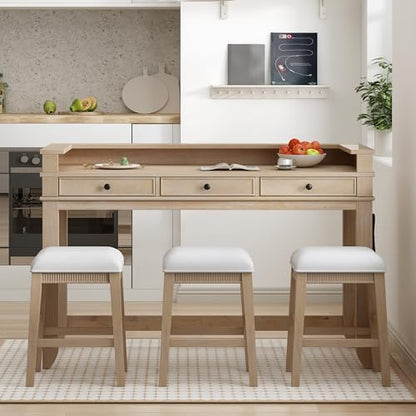 4-piece Dining Bar Table Set with 3 Upholstered Stools, Rubber Wood Counter Height Multifunctional Dining Table with 3 Drawers and USB Port, Side Table with Footrest Pub Kitchen Set (Natural-N2) - color: Natural-n2