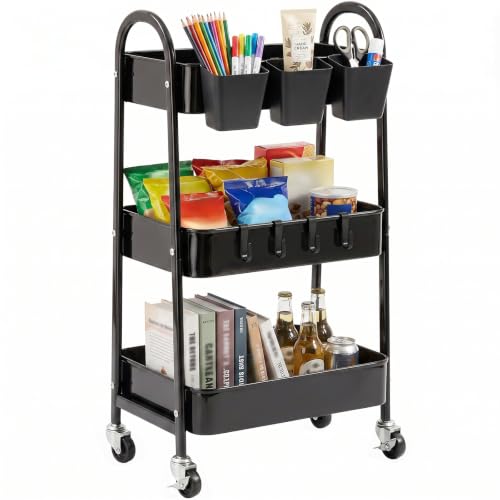 3-Tier Rolling Cart, Utility Cart Mobile Metal Rolling Storage Cart with Lockable Wheels & Hanging Cups & Hooks for Kitchen, Bathroom, Office, Workshop, Black - color: Black, size: 3 tier