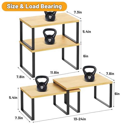 Kitchen Cabinet Organizer Shelf Set of 4, Sturdy Kitchen Counter Shelves with Metal Legs, Stackable Expandable Wood Spice Rack Pantry Cupboard Dish Mug Cup Storage Organizer Shelf,Black+Bamboo - color: Black+Bamboo
