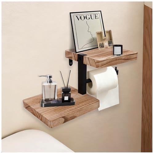 Wood Toilet Paper Holder with Shelf, Wall Mount Paper Roll Holder with Double Shelves, Farmhouse Wooden Bathroom Accessories, Home Apartment Washroom Restroom Decor Essentials (Walnut)