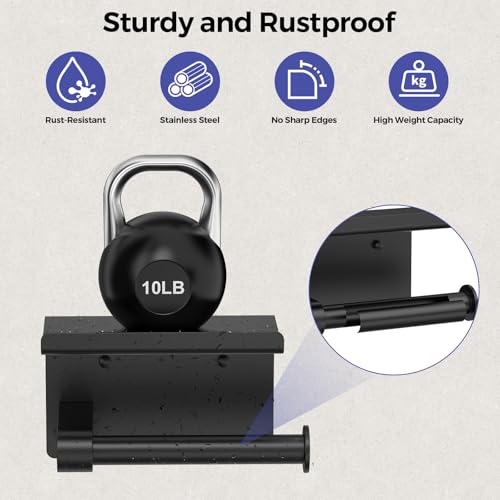 Bntuk Toilet Paper Holder with Shelf, Self-Adhesive or Screw Wall Mount Toilet Paper Holder with Wipes Storage, Rustproof Stainless Steel Tissue Roll Holder for Bathroom Washroom (Matte Black) - color: Black