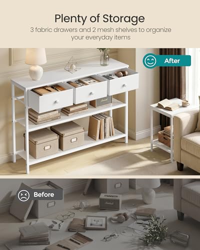 SONGMICS Console Table, Narrow Sofa Table with 2 Mesh Shelves | For Entryway, Living Room, 3 Fabric Drawers, Cloud White, BELLAH Collection ULGS014W101 - color: Cloud White, size: 11.8"D x 44.8"W x 31"H (3 Drawers)