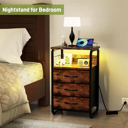 runjuly Night Stand with Charging Station, LED Nightstand with 3 Fabric Drawers and Hooks, Small End Table with Light and USB C Port, Storage Side Table for Bedroom, Rustic Brown - color: Rustic Brown, style: 3 Drawers