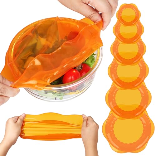 Silicone Stretch Lids for Food Storage in Fridge, Reusable Elastic Bowl Covers for Cup, Cans, Jars, Round & Rectangle Container, Food Grade Silicone Microwave Food Cover, Orange, 6PCS - color: 6 Pcs Orange