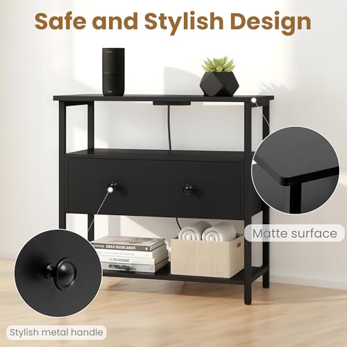 Edbuosy 27 Inch Wide Night Stand with Charging Station, Wood Nightstand with Open Shelf, Large Drawer Bedside Table for Living Room/Bedroom/Office, Black - color: Black, size: 27"W-1 Drawer