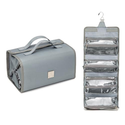 Roll Up Makeup Bag, Travel Toiletry Bag for Women with 4 Clear TSA Approved Pouches, Hanging Travel Organizer, Folding Cosmetic Bag for Men and Women - color: Grey