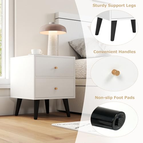 GOFLAME Nightstand with 2 Drawers, Mid-Century Modern Bedside Table with Storage, Elevated Legs & Golden Knobs, Wooden, Small Sofa Side End Table, Compact Night Stand for Bedroom, White (1)