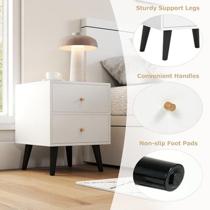GOFLAME Nightstand with 2 Drawers, Mid-Century Modern Bedside Table with Storage, Elevated Legs & Golden Knobs, Wooden, Small Sofa Side End Table, Compact Night Stand for Bedroom, White (1)
